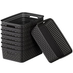 3 Pack Small Plastic Basket, Storage Bin Baskets for Organizing, Pantry Organizer Household Wicker Storage for Laundry Room, Bedrooms, Kitchens, Cabinets, Countertops, Dark Gray