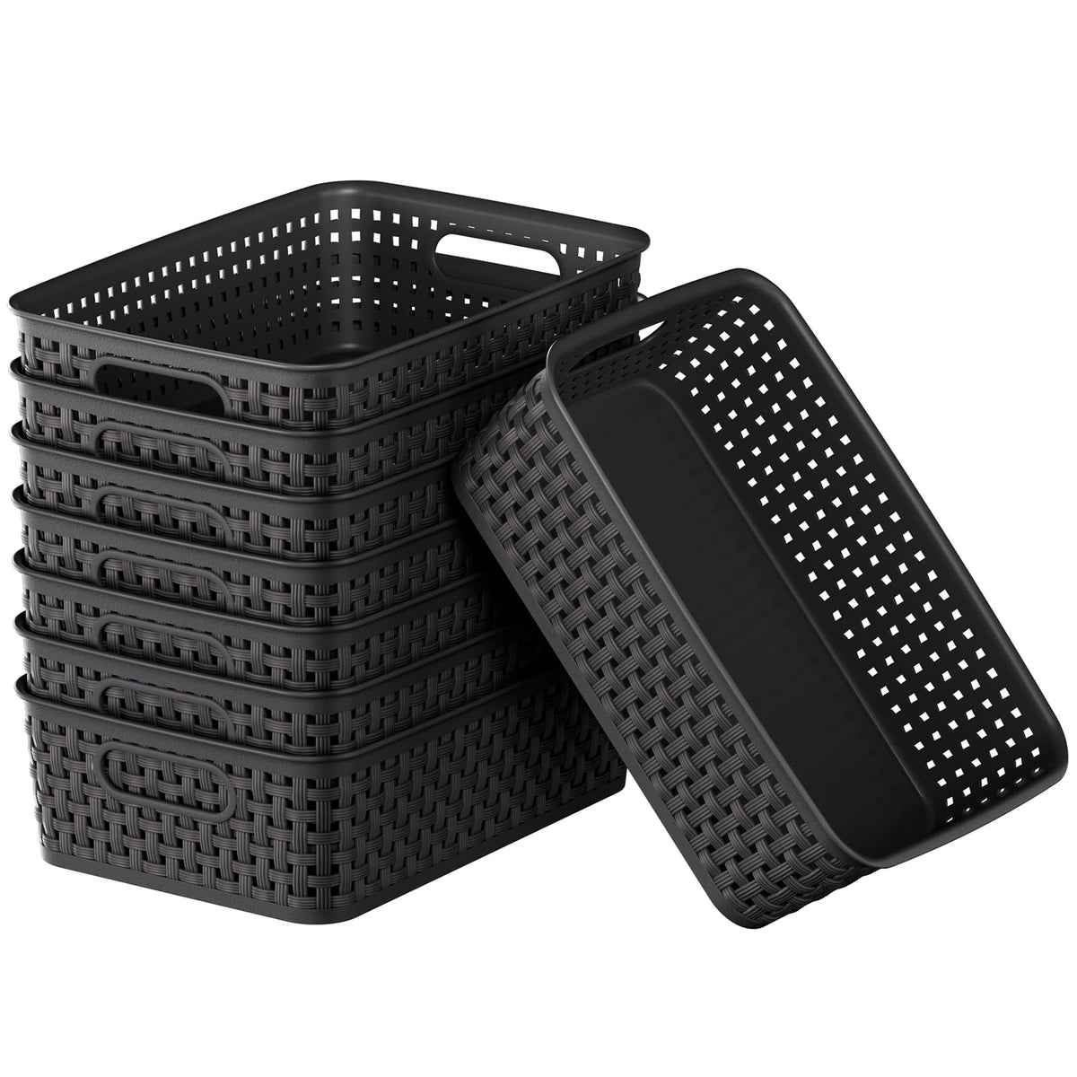 3 Pack Small Plastic Basket, Storage Bin Baskets for Organizing, Pantry Organizer Household Wicker Storage for Laundry Room, Bedrooms, Kitchens, Cabinets, Countertops, Dark Gray
