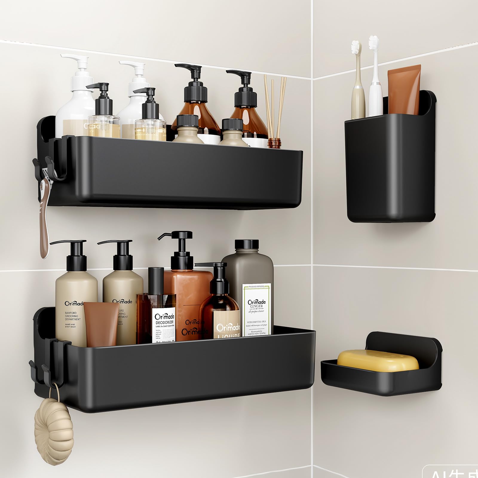 Orimade Shower Caddy 3-Pack, No-Drill Adhesive Shelves with 4 Hooks for Bathroom, Rustproof ABS Plastic Storage Organizer Set, Black