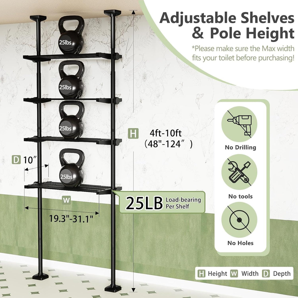 Over The Toilet Storage Shelf No Drill 4-Tier Adjustable Bathroom Organizer