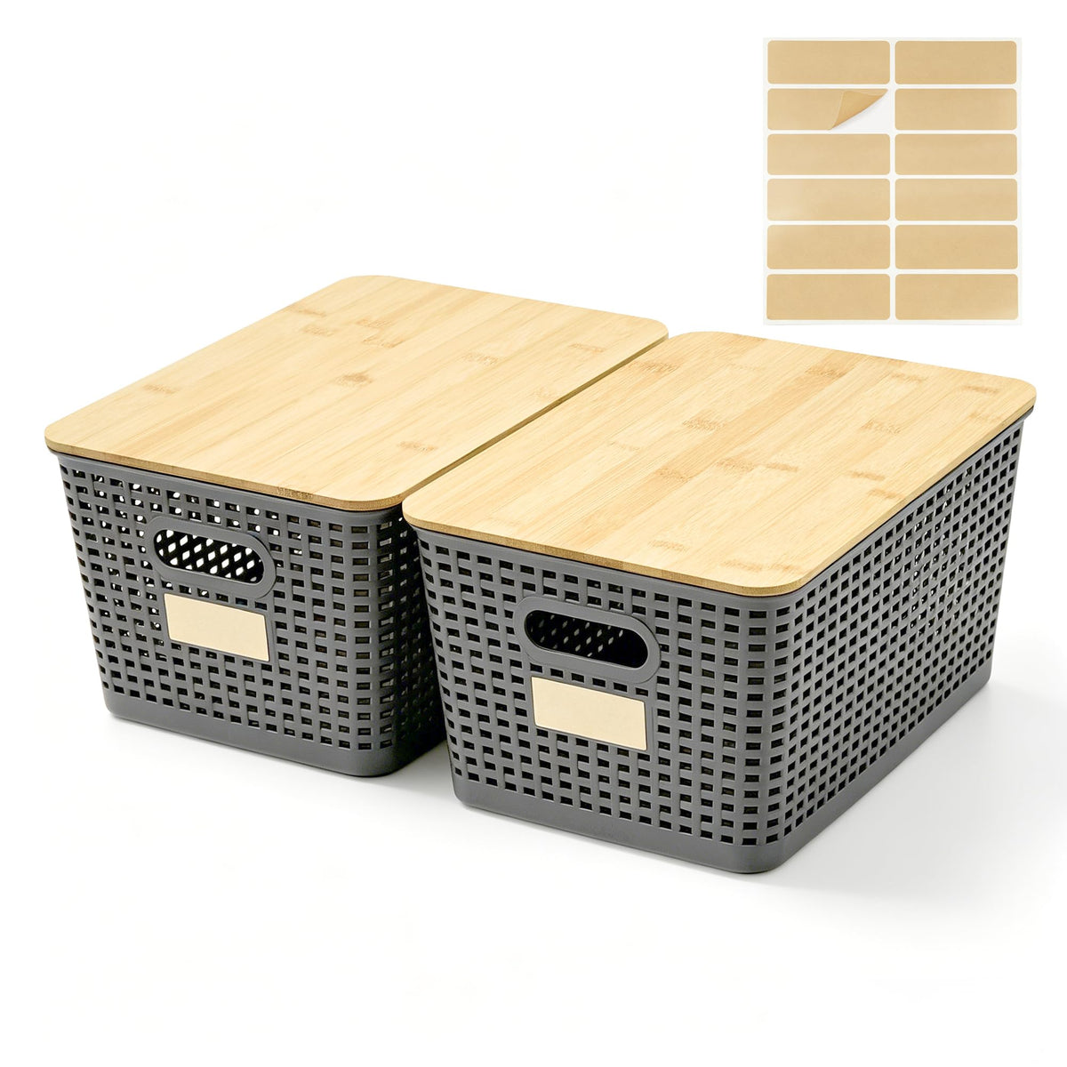 Bagnizer Small Plastic Storage Bins with Bamboo Lids 5.2qt Stackable Box Basket Pantry Decorative Containers Cute with Labels for Organizing Desktop Closet Office Cream White of 6 packs 10*7.2*4.1"