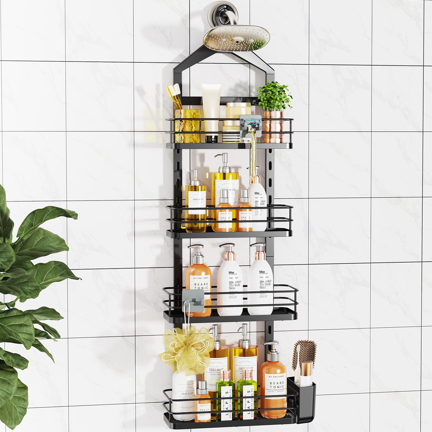 ODesign 4 Tier Adjustable Shower Organizer Hanging Over Showerhead Black