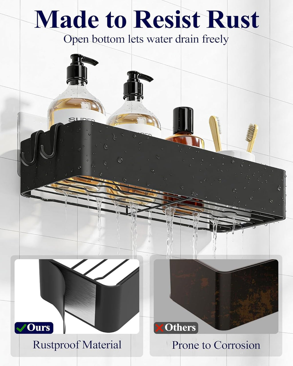 Kitsure Shower Caddy Adhesive, Stylish Shower Organizer, Large, Black