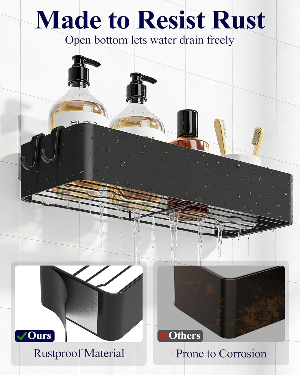 Kitsure Shower Caddy Adhesive, Stylish Shower Organizer, Large, Black