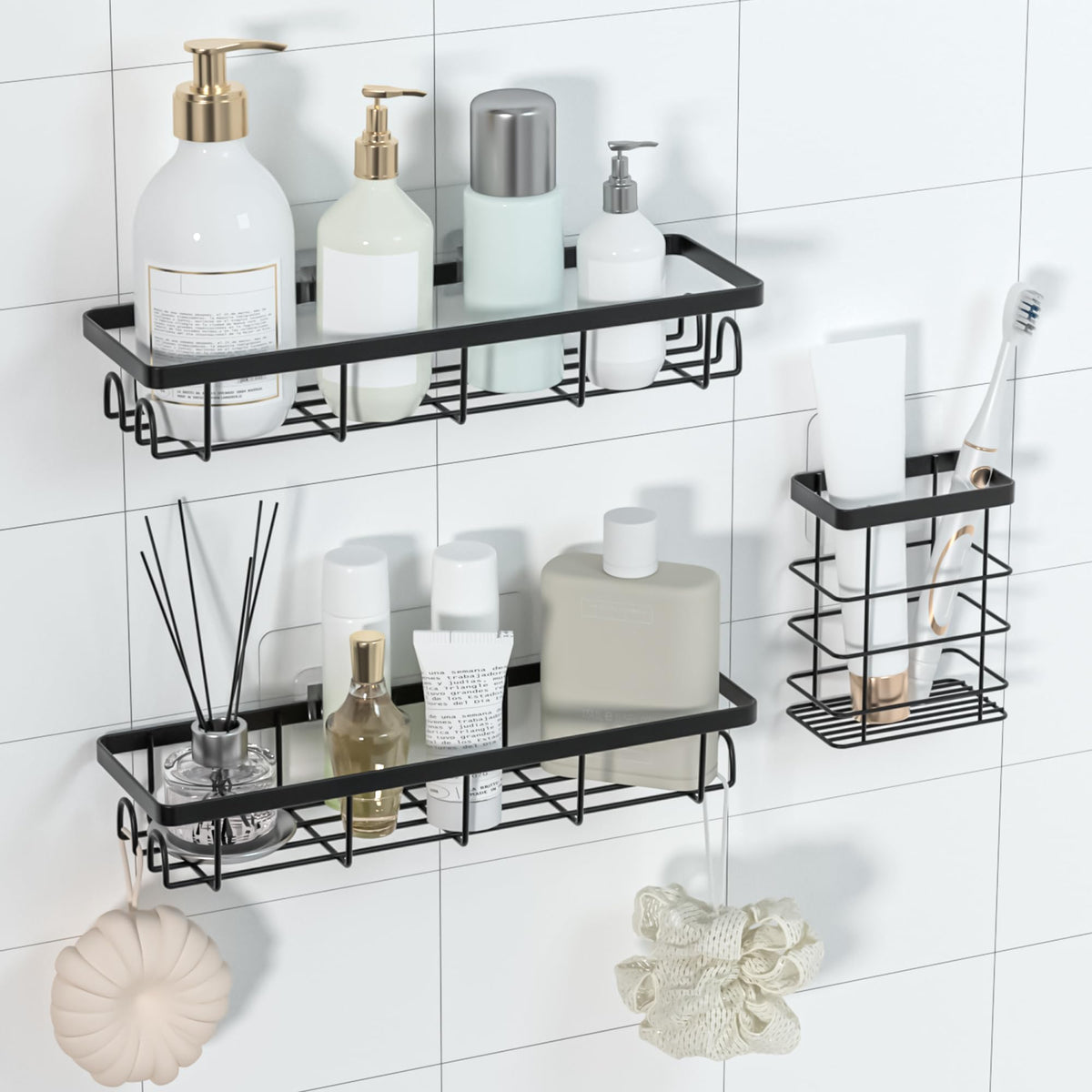 Shower Caddy Organizer with Hooks,Self Adhesive Bathroom Shelves,No Drilling Bathroom Organizers and Storage,Perfect for RV, Apartment, Home Decor,White 4PCS