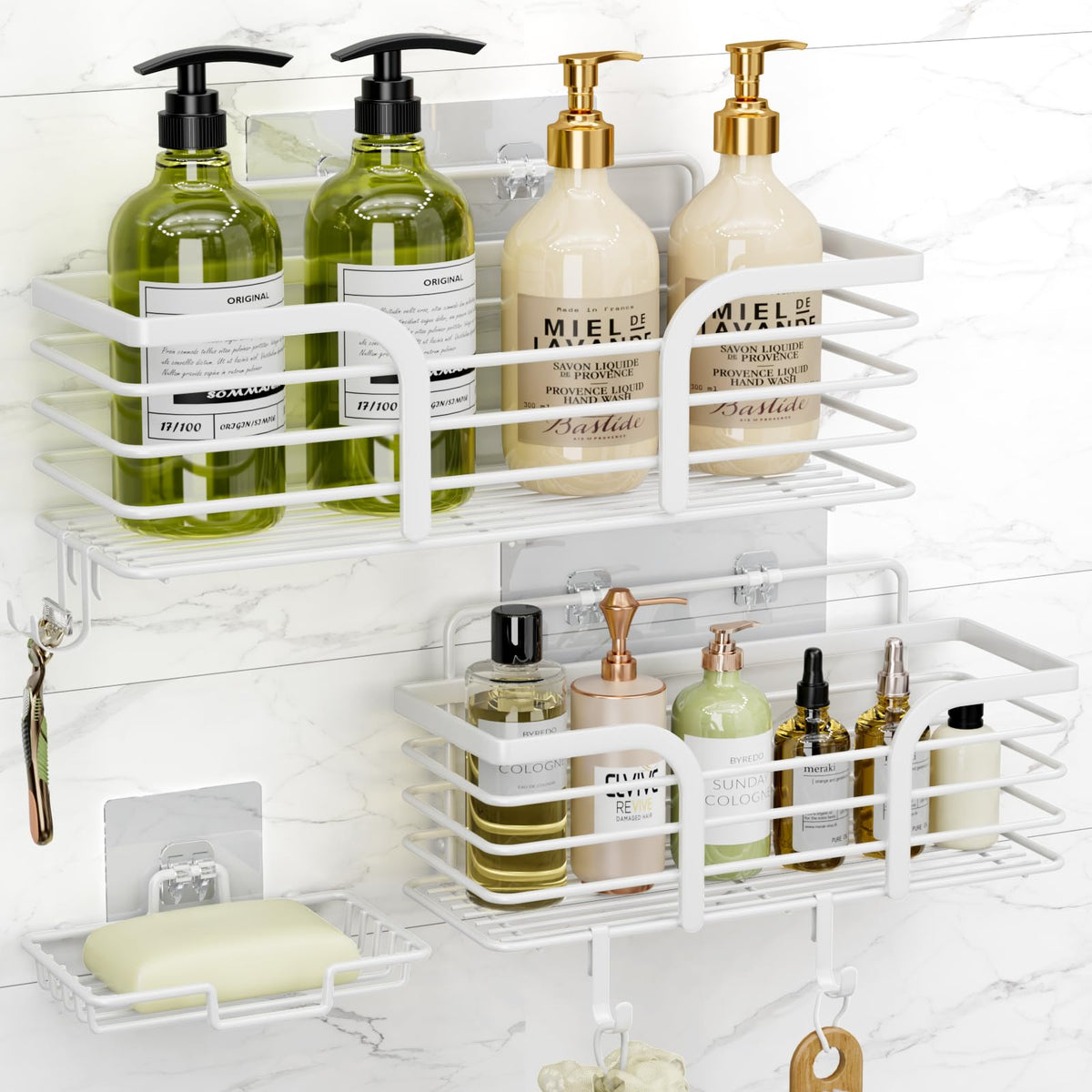 Yougai Shower Organizer with Soap Holder and Hooks for Bathroom (Black)