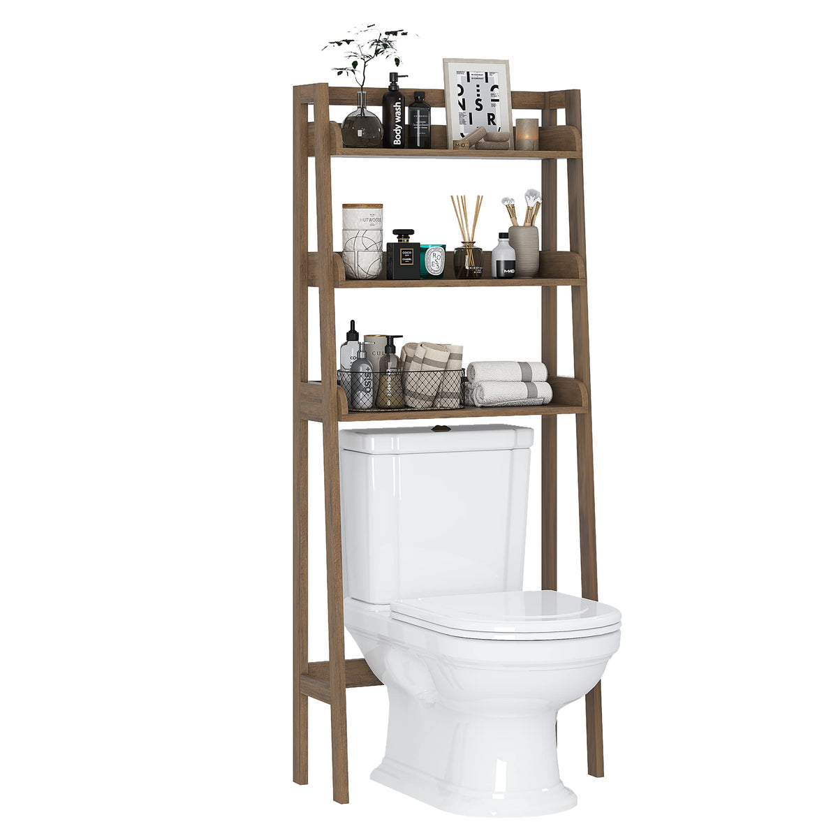 UTEX Over Toilet Bathroom Organizer, 3-Tier Storage Shelf Rack, Wood Grain