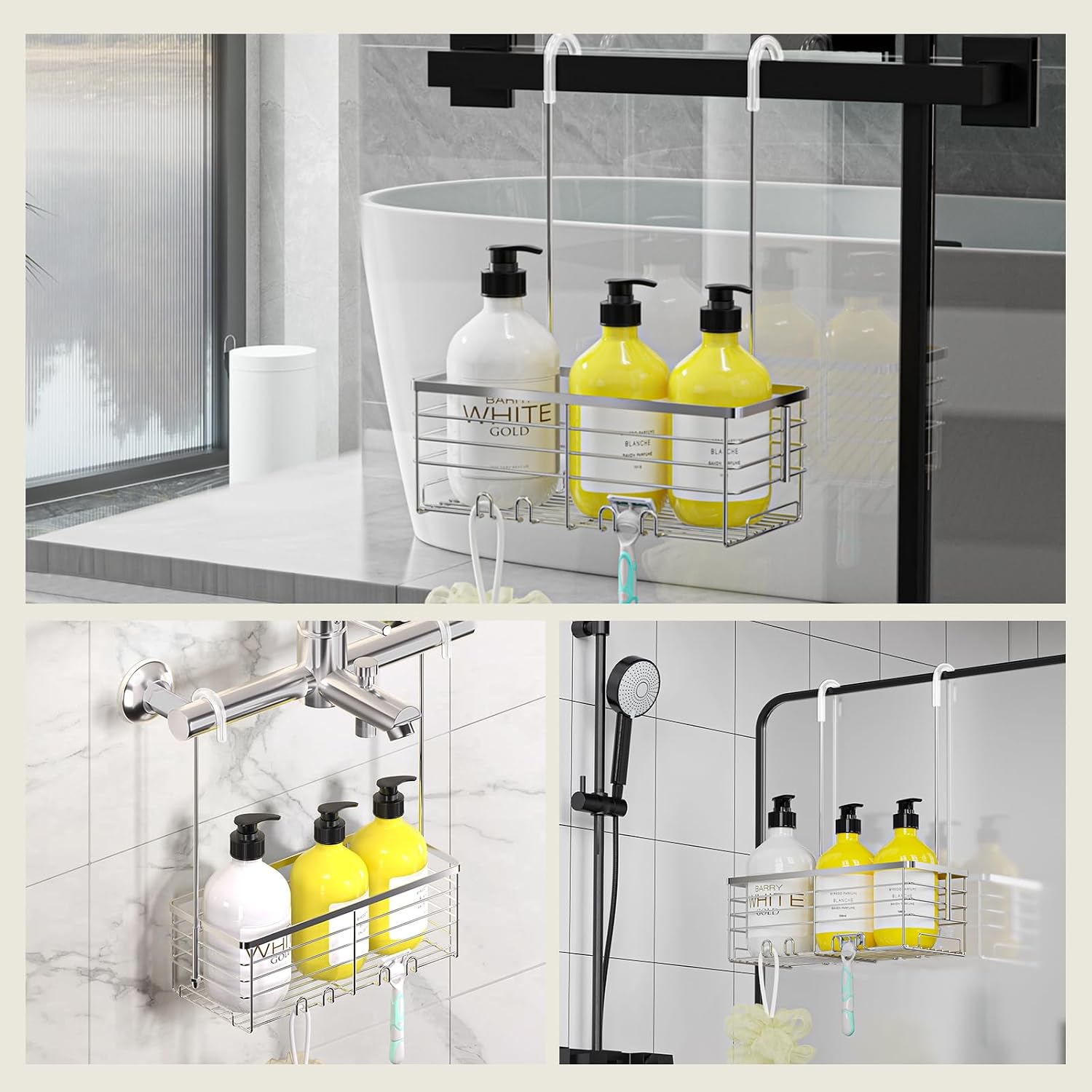 DELLAN Hanging Shower Organizer, Shower Rack with Hooks Over the Door