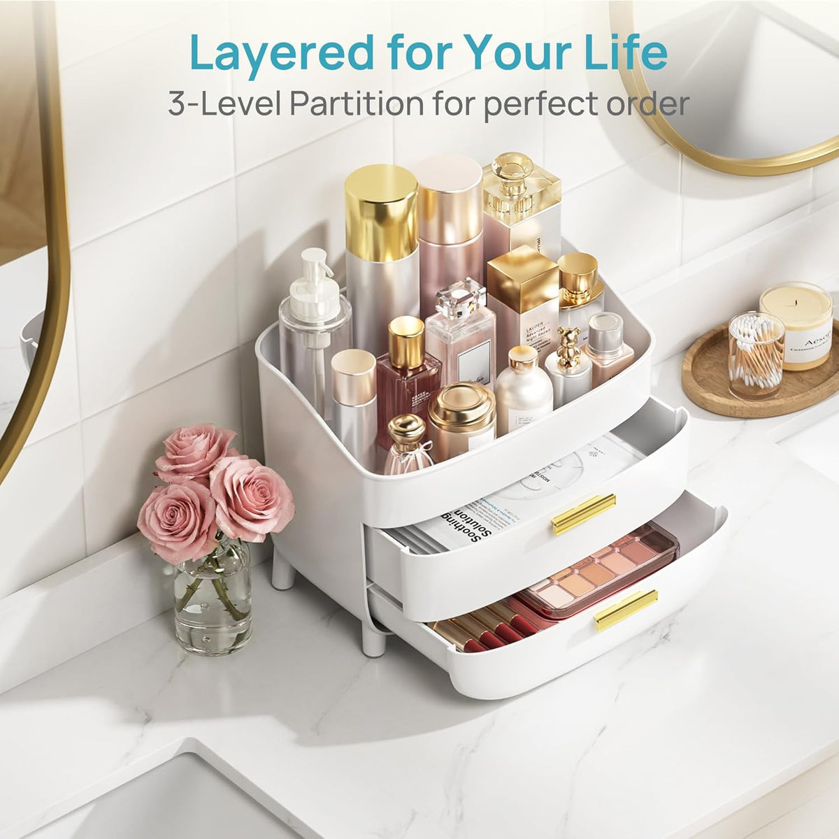 Vtopmart 3-Tier Skincare Makeup Organizer with Drawers, White