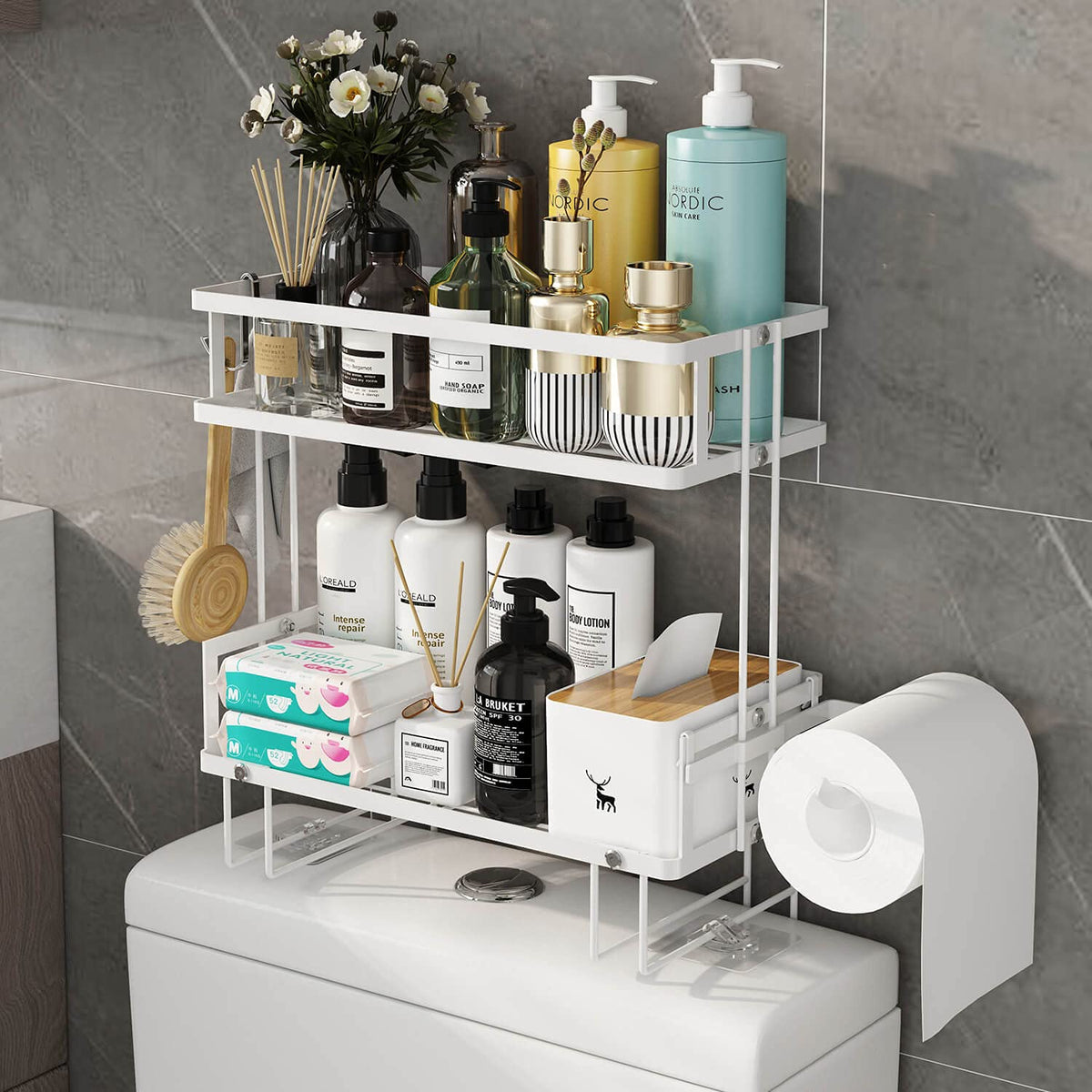 Godboat 2-Tier Over Toilet Storage Shelf, Wall-Mount with 2 Hook/Paper Rack