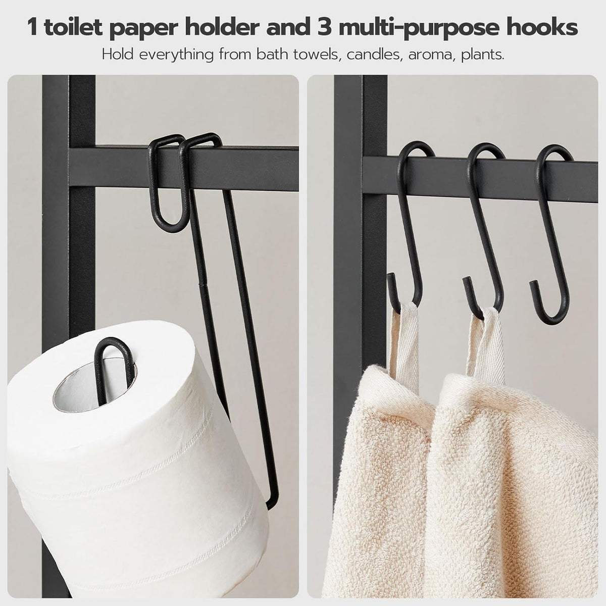 HOOBRO Over The Toilet Storage, 2-Tier freestanding Over the Toilet Storage, Bathroom Organizer Over Toilet with Toilet Paper Holder and Hooks, Space Saver for Room, Rustic Brown and Black BF49TS01