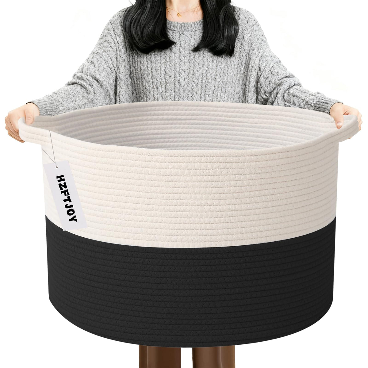 Large Woven Blanket Basket,65L Cotton Rope Laundry Basket