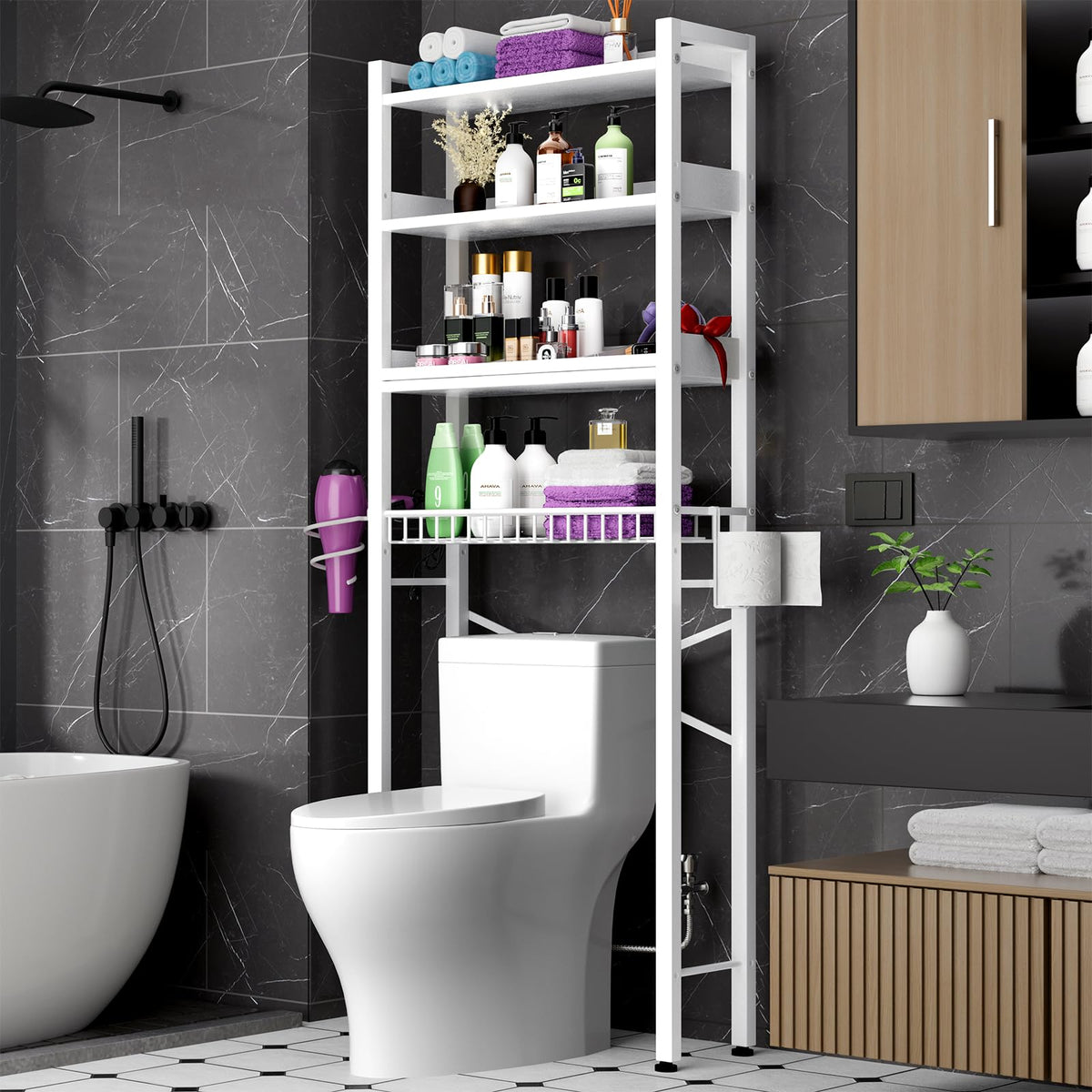 Mlinavn Over-The-Toilet Storage Rack, 4-Tier Bathroom Organizer Shelf Over Toilet with Adjustable Shelf and Basket, Freestanding Space Saver Bathroom Shelves Above Toilet for Room (Black)