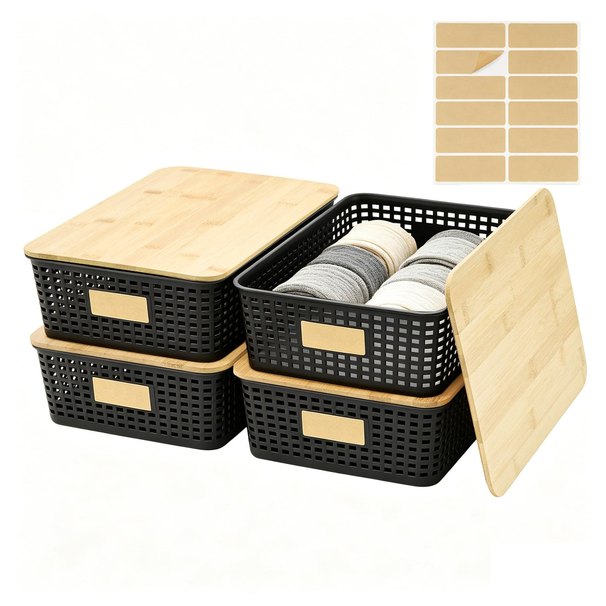 Bagnizer Small Plastic Storage Bins with Bamboo Lids 5.2qt Stackable Box Basket Pantry Decorative Containers Cute with Labels for Organizing Desktop Closet Office Cream White of 6 packs 10*7.2*4.1"