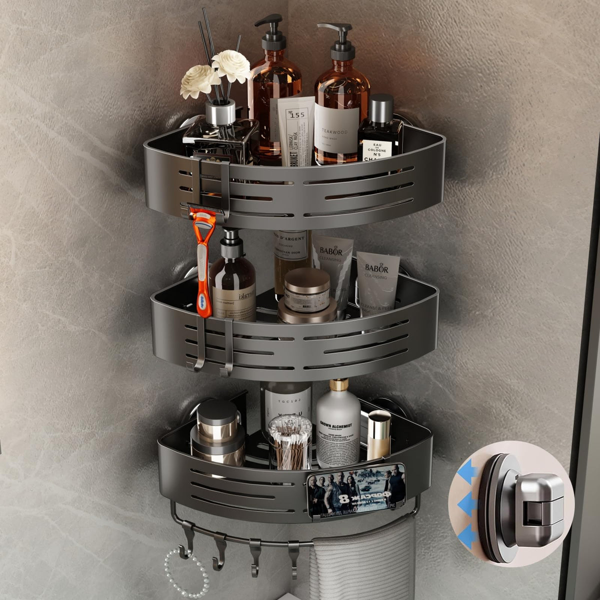 Voldra Shower Caddy Suction Cup, 2 Pack Shower Shelves for Inside Shower No Drilling, Aluminum Suction Showers Organizer with Towel Bar & Hooks Removable Bathroom Shelf Storage Rack(Gray)