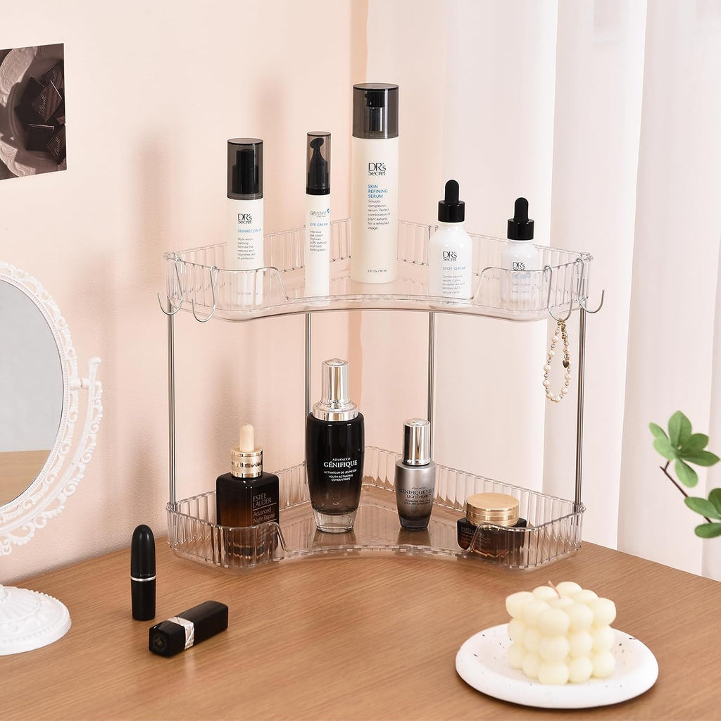 2-Tier Corner Bathroom Organizer Countertop with Hooks, for Makeup/Skincare