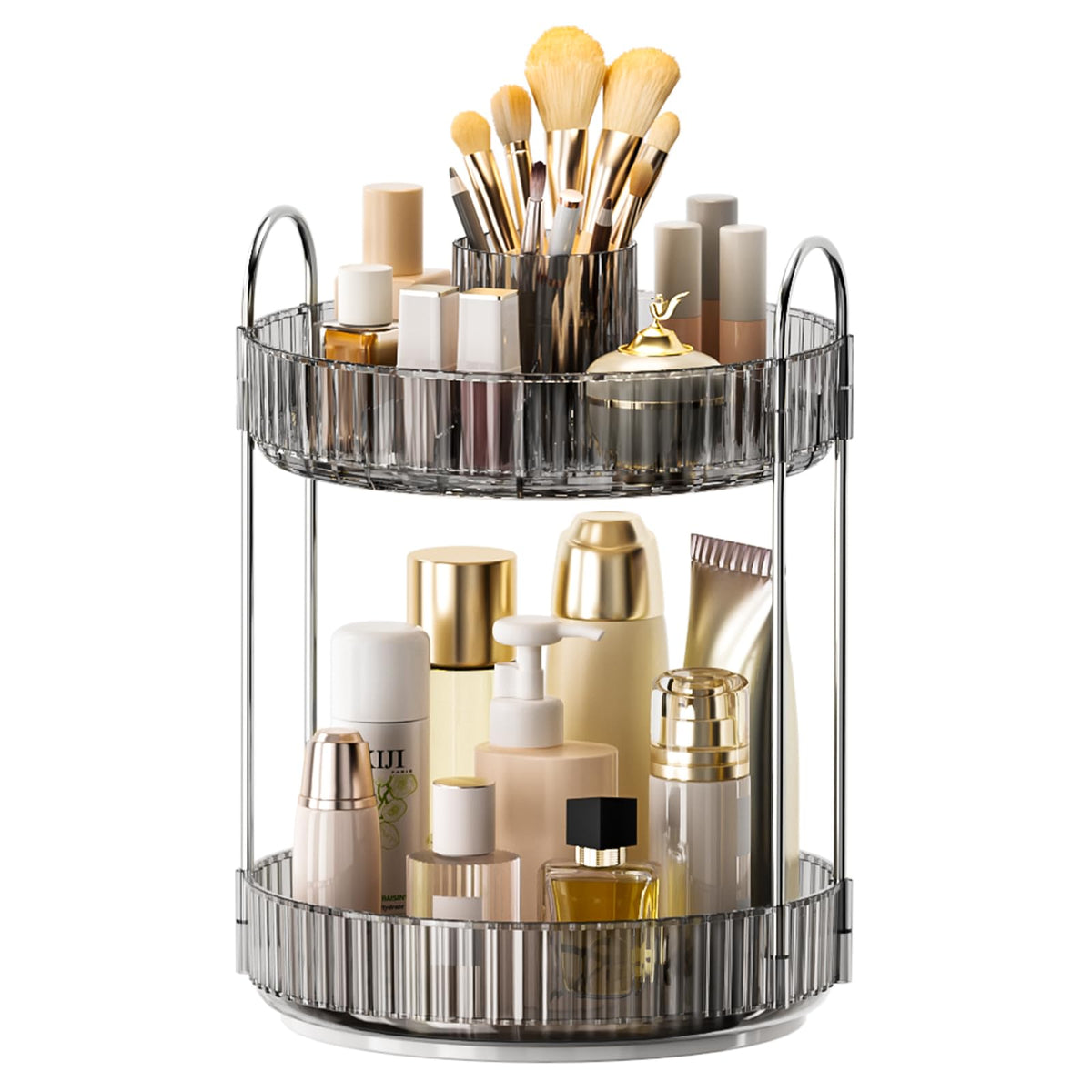 360° Rotating Makeup Organizer, Upgraded 3 Tier Skincare Perfume Organizers for Women, Bathroom Organizer Countertop, Clear Cosmetic Dresser Organizer with Makeup Brush Holder, Sink&Counter(Amber)