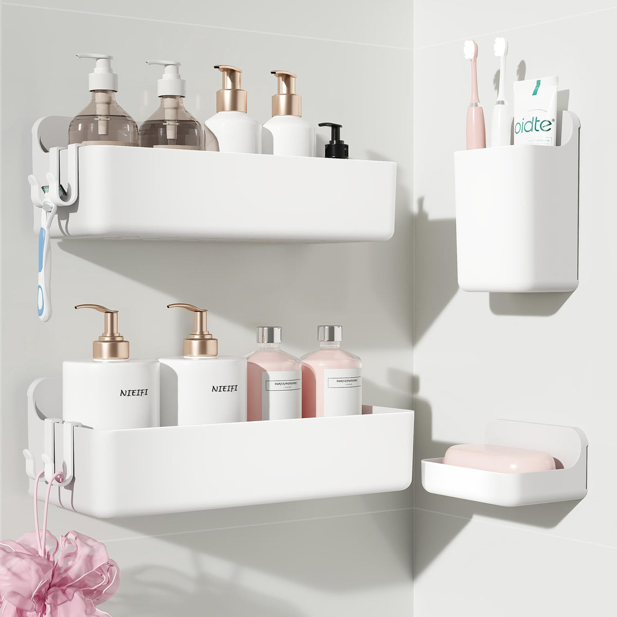 Nieifi Adhesive Shower Shelves, Clear, 5 Pieces