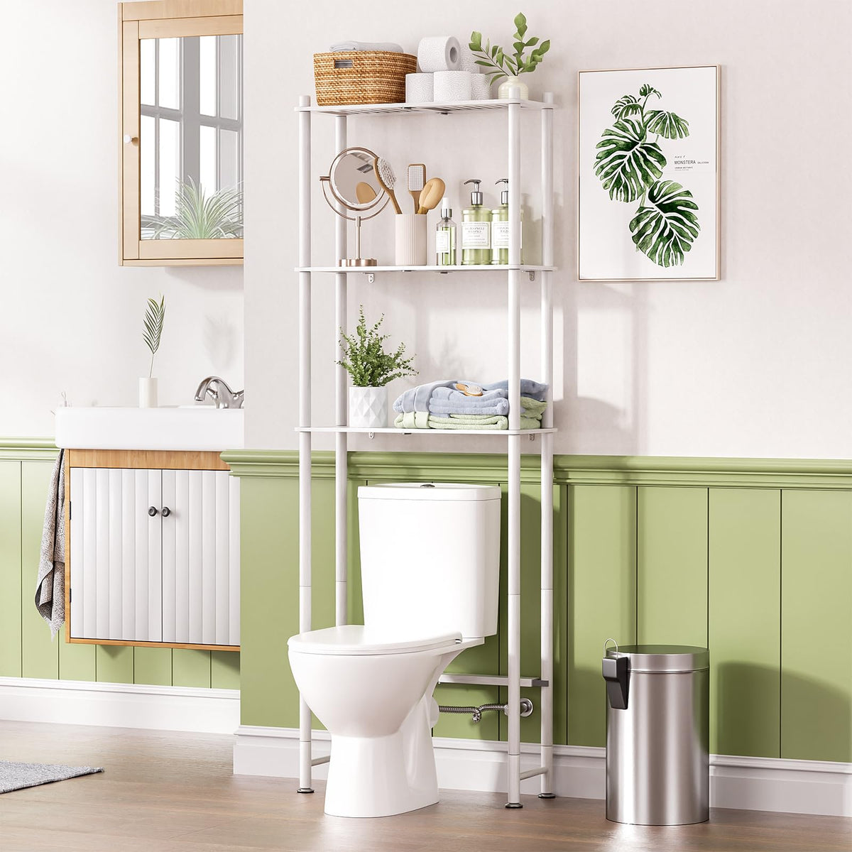 AmazerBath Bamboo Over The Toilet Storage Shelf, 3-Tier Bathroom Over Toilet Organizer Rack, Freestanding Above Toilet Shelf for Bathroom, Laundry, Space Saver, Natural Color