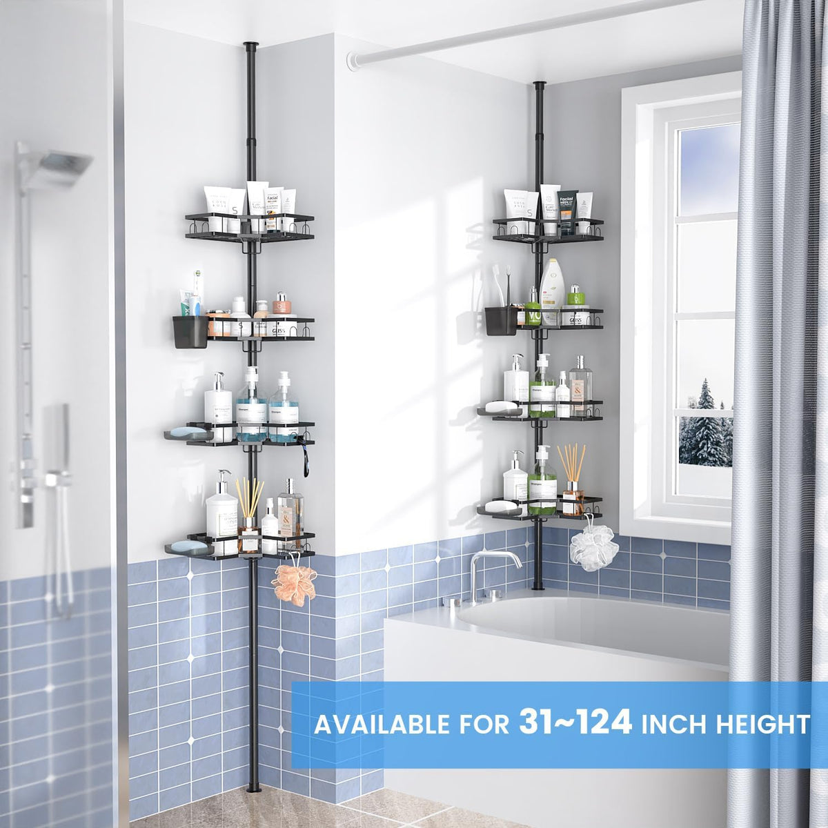 Adjustable Shower Caddy Tension Pole: Rustproof Corner Bathroom Shelves