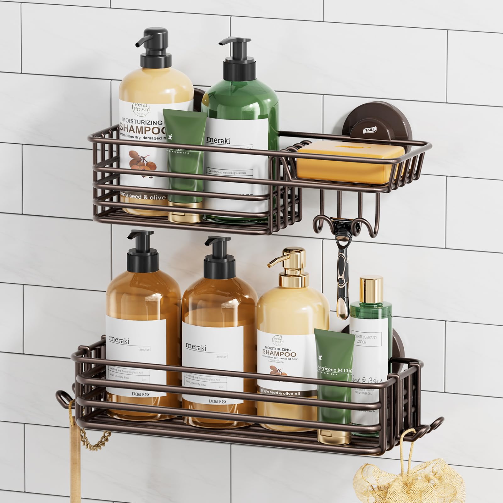 TAILI Shower Caddy Suction Cup 2 Pack with Hooks & Soap holder, Black