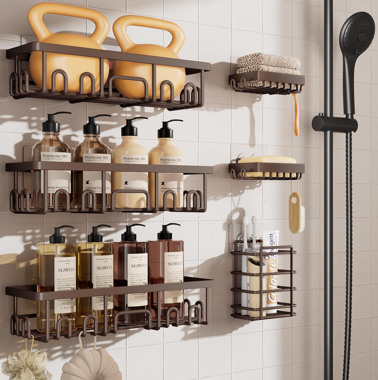 Veken Shower Caddy 6-Pack with Hooks, Bathroom Organizers & Storage, Black