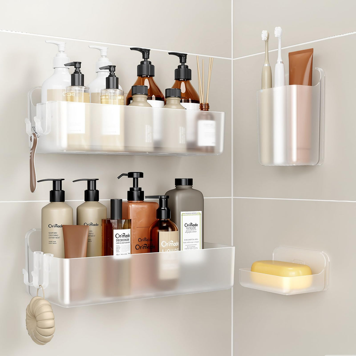 Orimade Shower Caddy 3-Pack, No-Drill Adhesive Shelves with 4 Hooks for Bathroom, Rustproof ABS Plastic Storage Organizer Set, Black