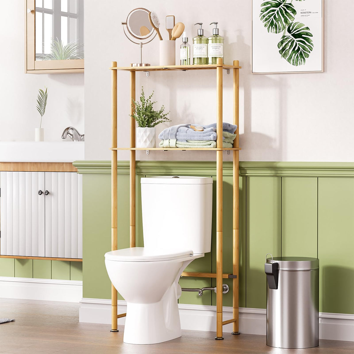 AmazerBath Bamboo Over The Toilet Storage Shelf, 3-Tier Bathroom Over Toilet Organizer Rack, Freestanding Above Toilet Shelf for Bathroom, Laundry, Space Saver, Natural Color