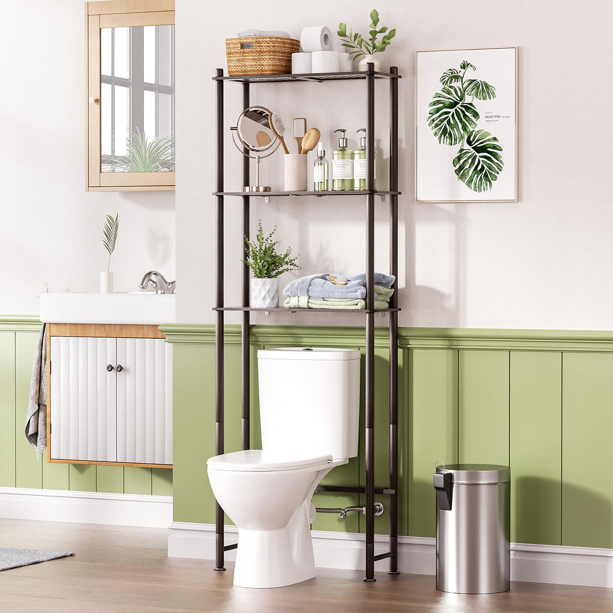 AmazerBath Bamboo Over The Toilet Storage Shelf, 3-Tier Bathroom Over Toilet Organizer Rack, Freestanding Above Toilet Shelf for Bathroom, Laundry, Space Saver, Natural Color