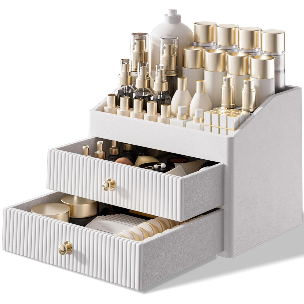 LADSTAG Vanity Organizers,Luxury Skincare Organizer with 3 Tier Drawers,Beige White Large Capacity Cosmetic Organizer Countertop for Makeup Brush,Dresser,Bedroom,Bathroom,Mom Gifts,Mom Birthday Gifts