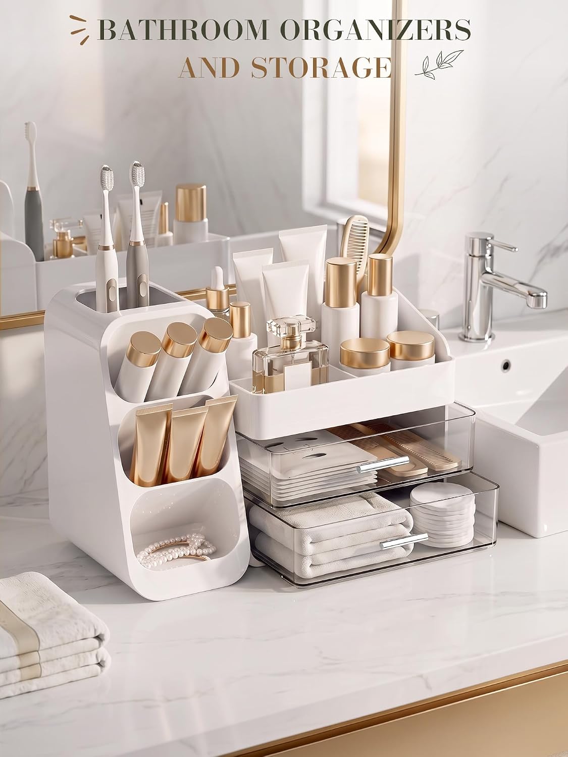Makeup Organizer for Vanity - Large Skincare Organizers Countertop, Cosmetic Organizer with Brush Holder and 2 Drawer, Makeup Storage for Lipsticks, Nail Polishes, Eyeshadow Palettes, White