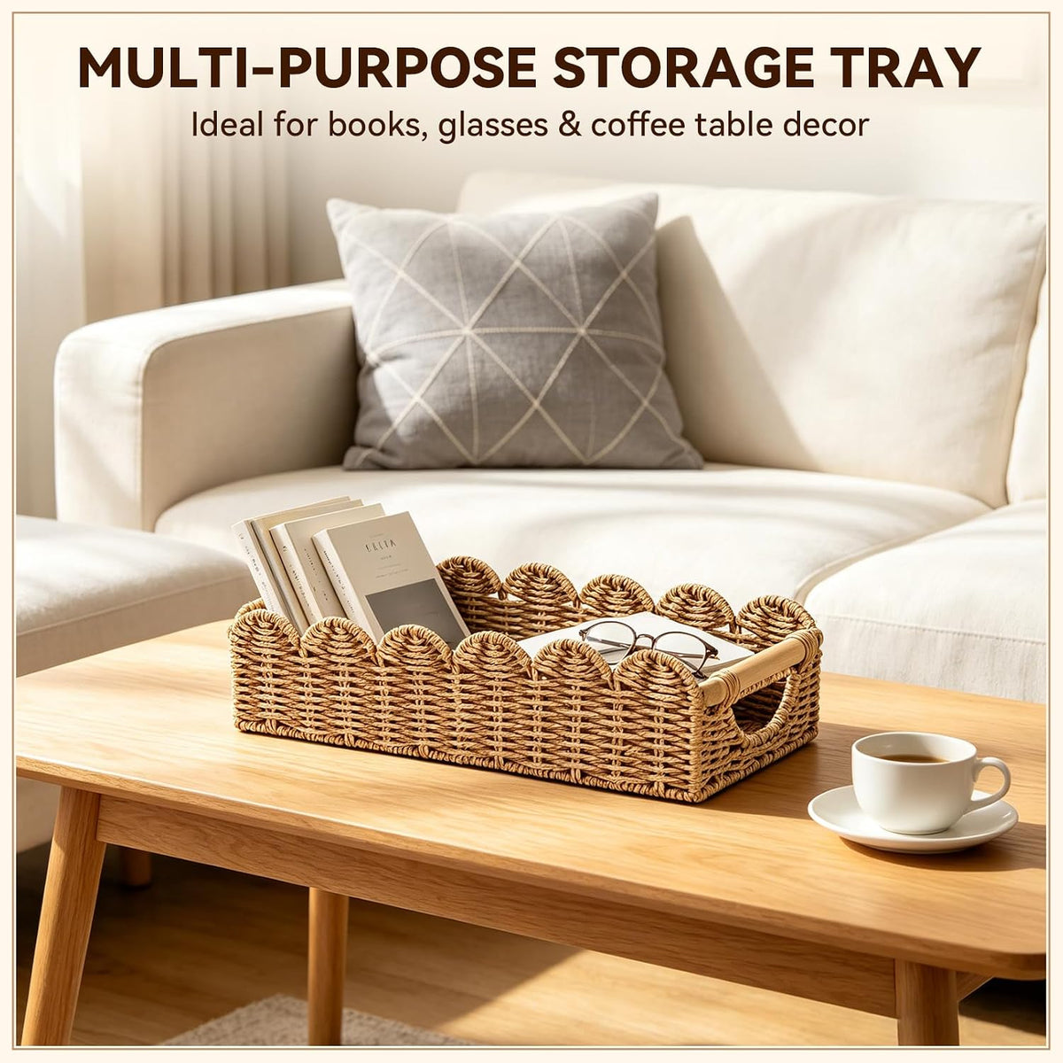 Upgraded Bathroom Basket Organizer w/Cut Out Handle, Back of Toilet Paper Storage Baskets Tray for Bathroom Countertop Decorative, Scalloped Wicker Basket Also for Home Decor, Living Room (Neutral)