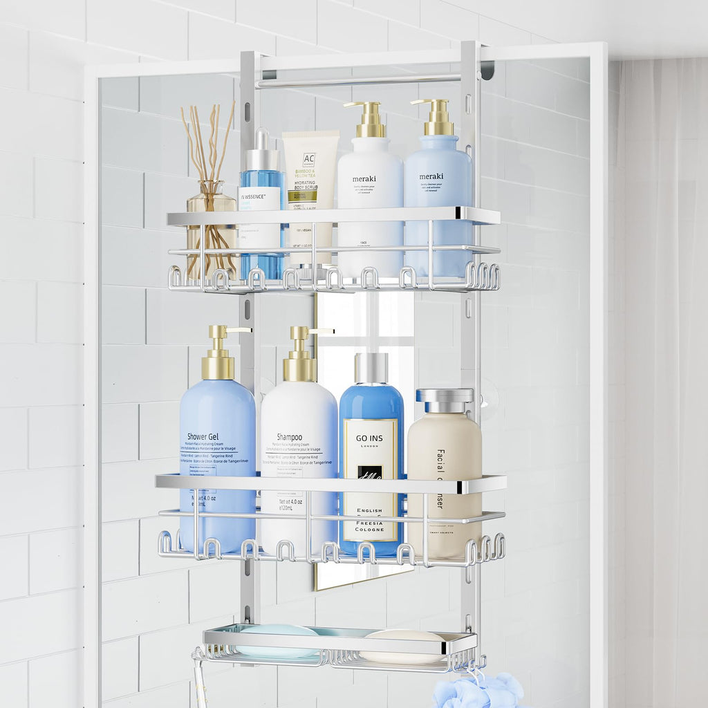 SWTYMIKI Over The Door Shower Caddy - 4 Tier Rustproof Hanging Shower Organizer with Adjustable Shelves, 40 Hooks & Soap Holder, Hanging Shower Rack Storage for Bathroom Accessories, Black