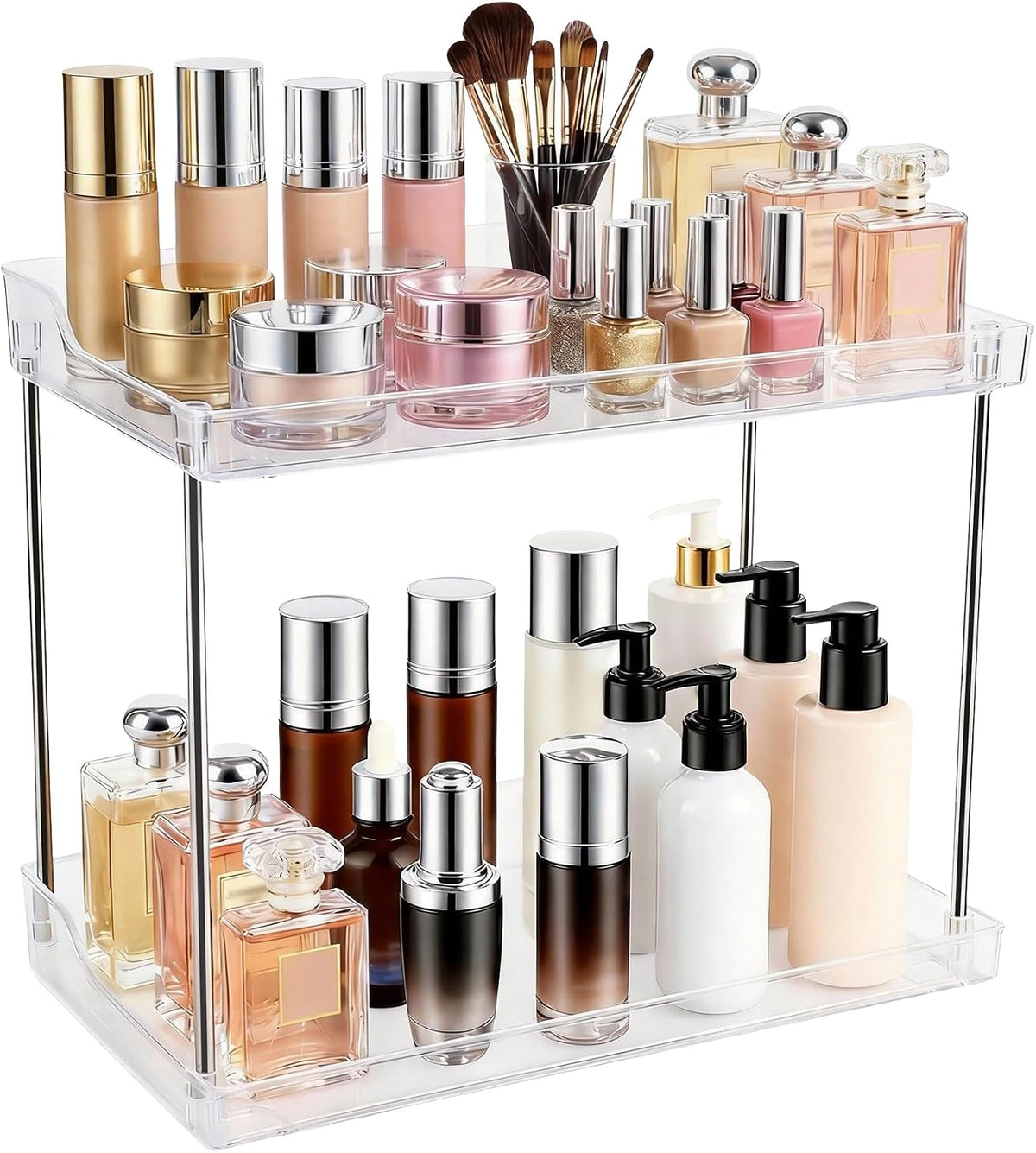 2 Tier Bathroom Counter Organizer, Clear Vanity Shelf Organizer for Skincare & Perfume, Non-Slip Bathroom Counter Shelf for Small Spaces, Bathroom Vanity Organizer Countertop (Rectangular)