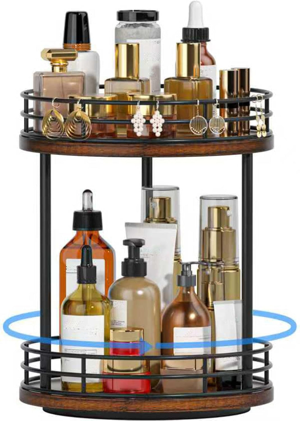 2-Tier Rotating Bathroom Countertop Organizer, Wooden Makeup Vanity Storage, Multifunctional Lazy Susan Turntable for Skincare, Perfume and Cosmetics (Brown)