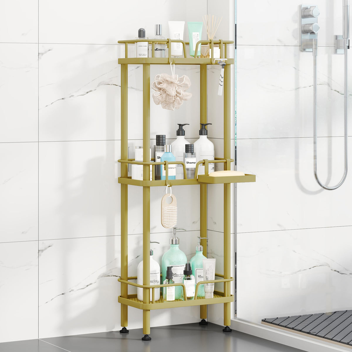 HapiRm Standing Corner Shower Caddy - 3 Tier Corner Shower Organizer with Soap Holder, Rustproof Stainless Steel Bathroom Shelf with 4 Hooks, Black