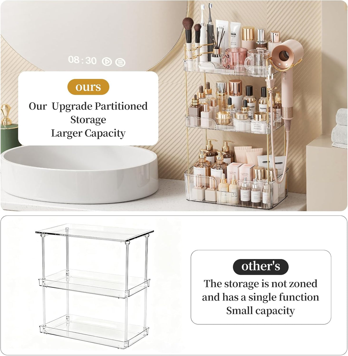 Bathroom Counter Organizer for Vanity, Makeup Organizer Countertop with Holder, Large Capacity Storage Rack, Perfect Large Skincare, Hair Care, Perfume, Easy to Install (Clear, 3Tiers)