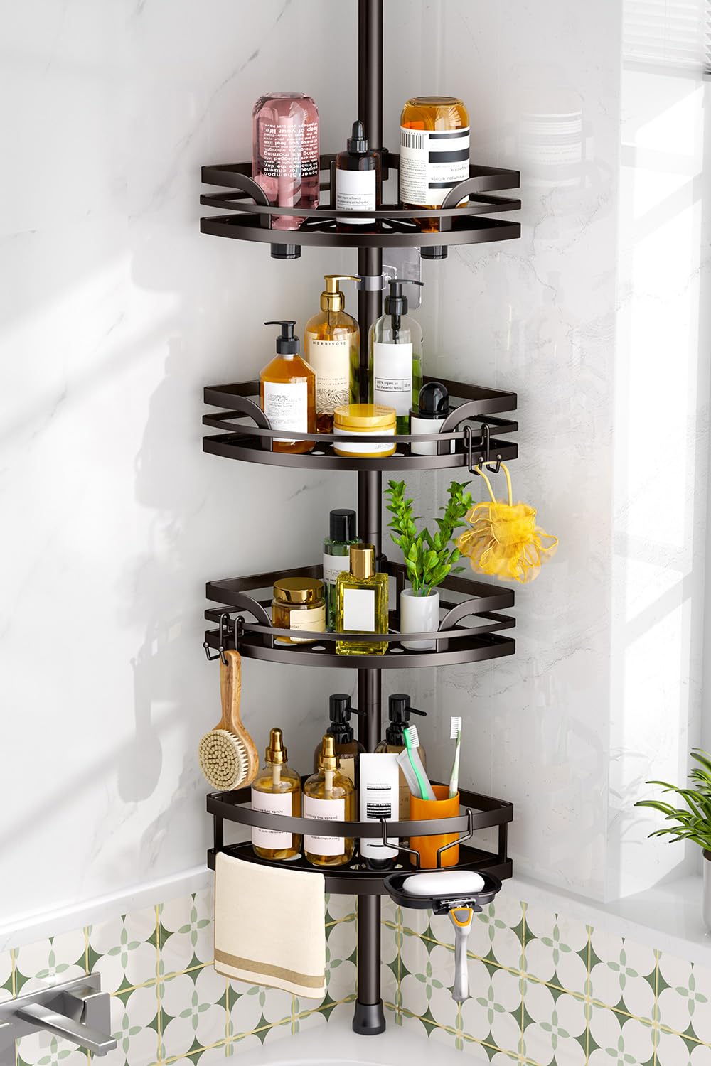 HAMITOR Shower Caddy Tension Pole: 4-Tier Adjustable Corner Organizer Black