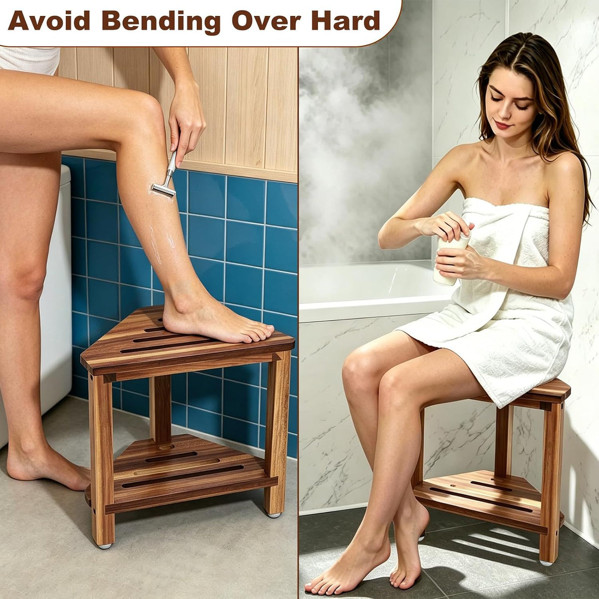 IBosins Corner Shower Stool 14in Small Bench Storage Shelf Natural Finish