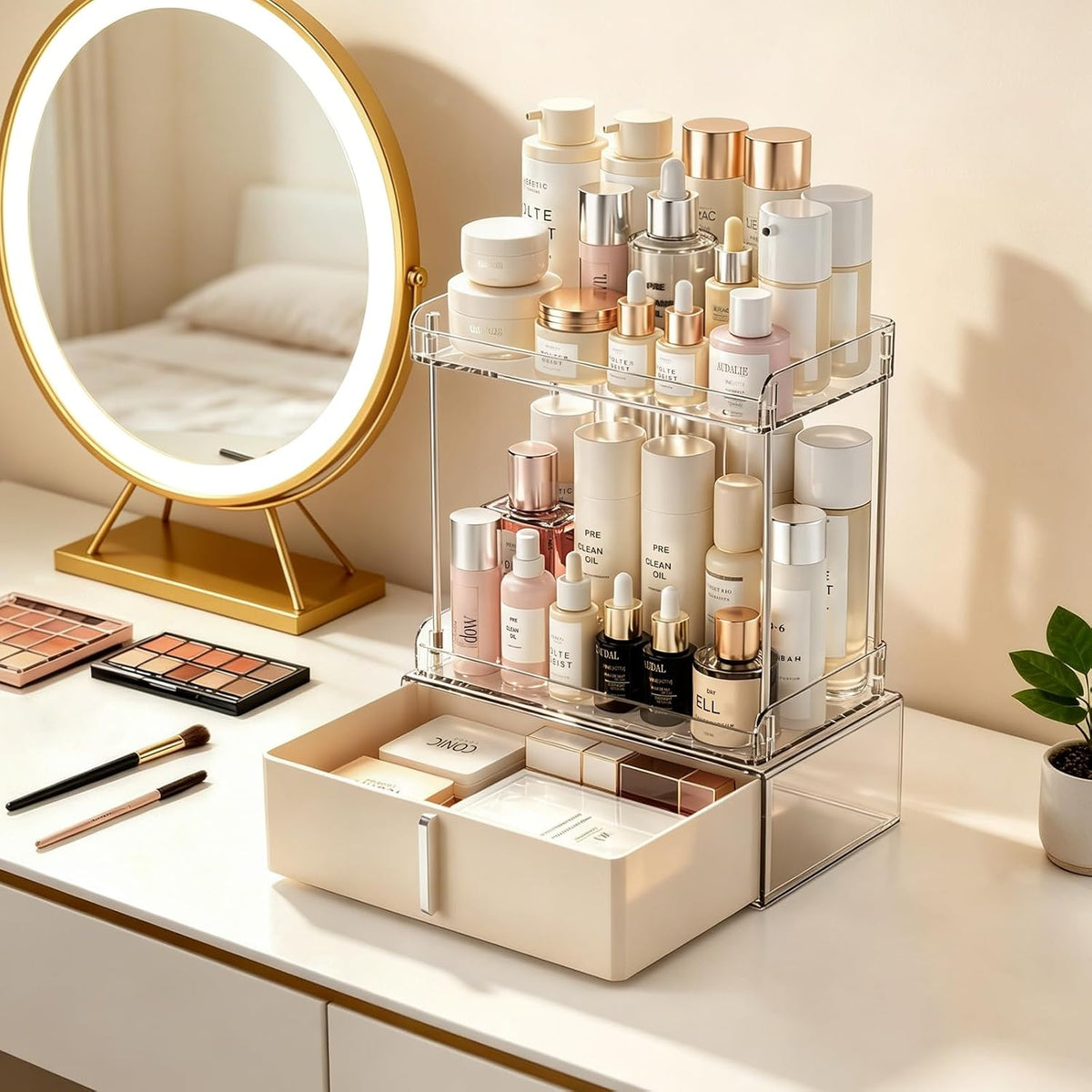 Pajiriona Makeup Organizer,Skincare Organizer for Vanity,2-Tier Large Capacity Cosmetic Storage Box for bathroom organizers and storage,Clear Cosmetic Display Case for Bedroom Countertop.