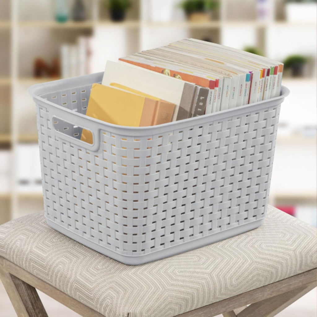 Sterilite Tall Weave Basket, Rectangular Plastic Décor Bin, Gray, 6 Pack