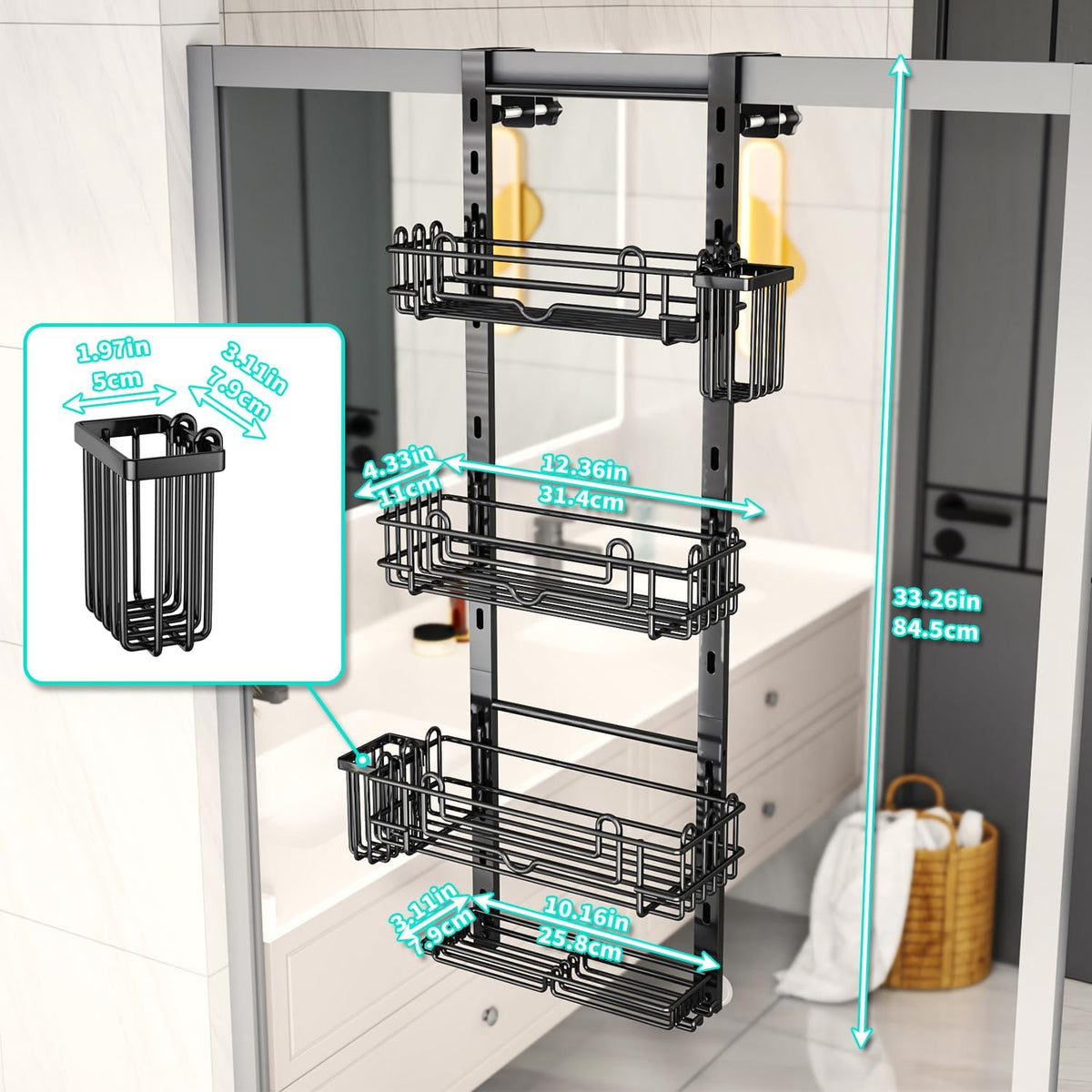 HapiRm Over the Door Shower Caddy - 4-Tier Hanging Shower Organizer with 22 Hooks and 2 Toothbrush Holders, No Drilling Adjustable Hanging Shelves for Bathroom - Black