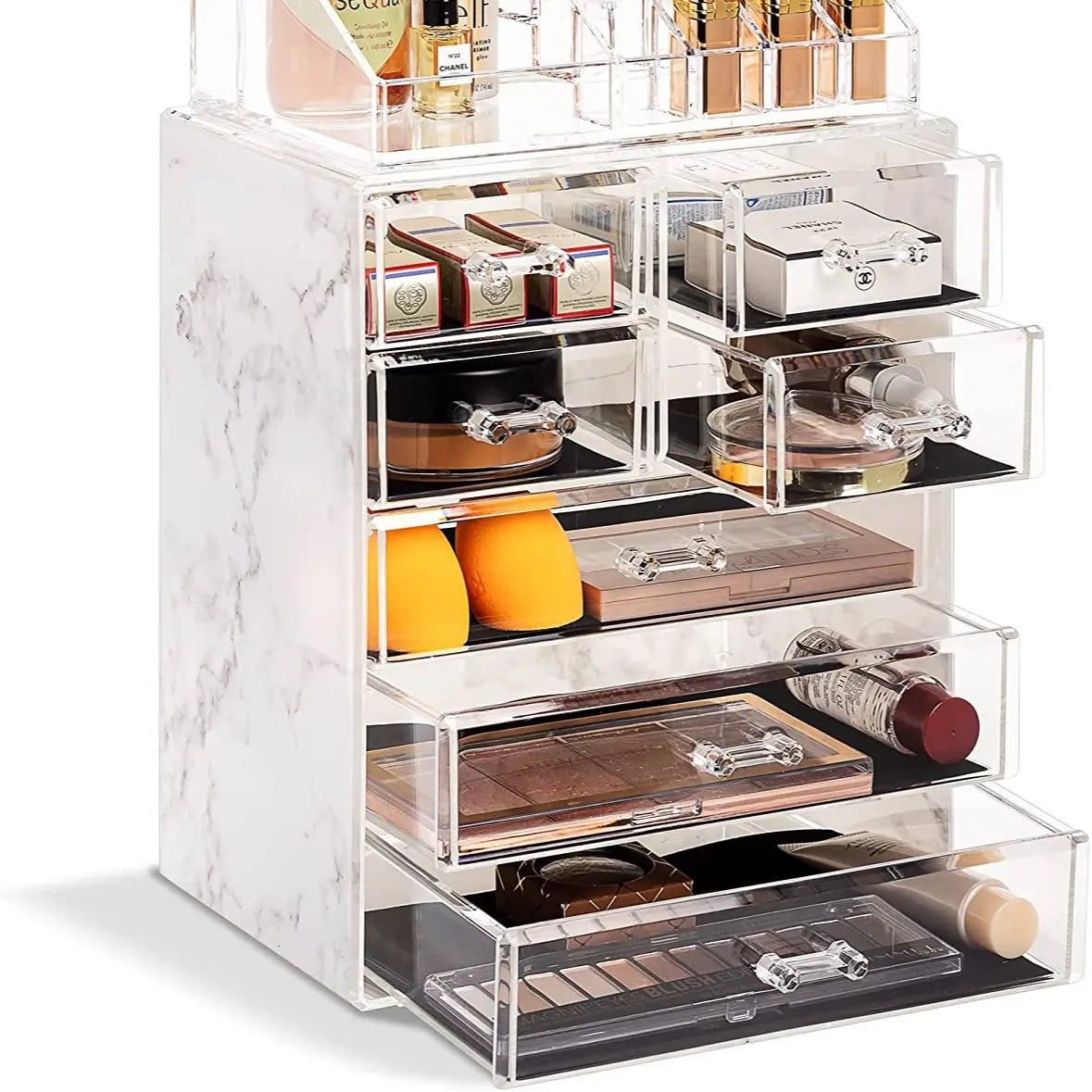 Sorbus Medium Cosmetic Storage Organizer Set - Durable Plastic Boxes with 3 Large Drawers, 4 Small Drawers, Removable Top Tray, Handle, Slide Design for Multicolor Vanity Make-up Bags