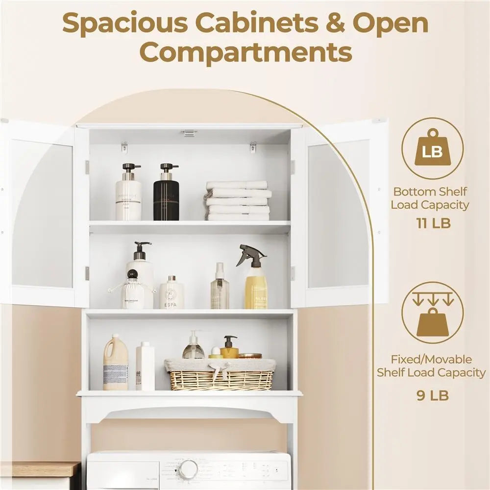 Costoffs Modern Over-The-Toilet Storage Cabinet, Space-Saving Indoor Bathroom Cupboard with Adjustable Shelf, Tempered Glass Doors, Open Shelf, White Unit for Bathroom Organizers,dorm essentials,home decor