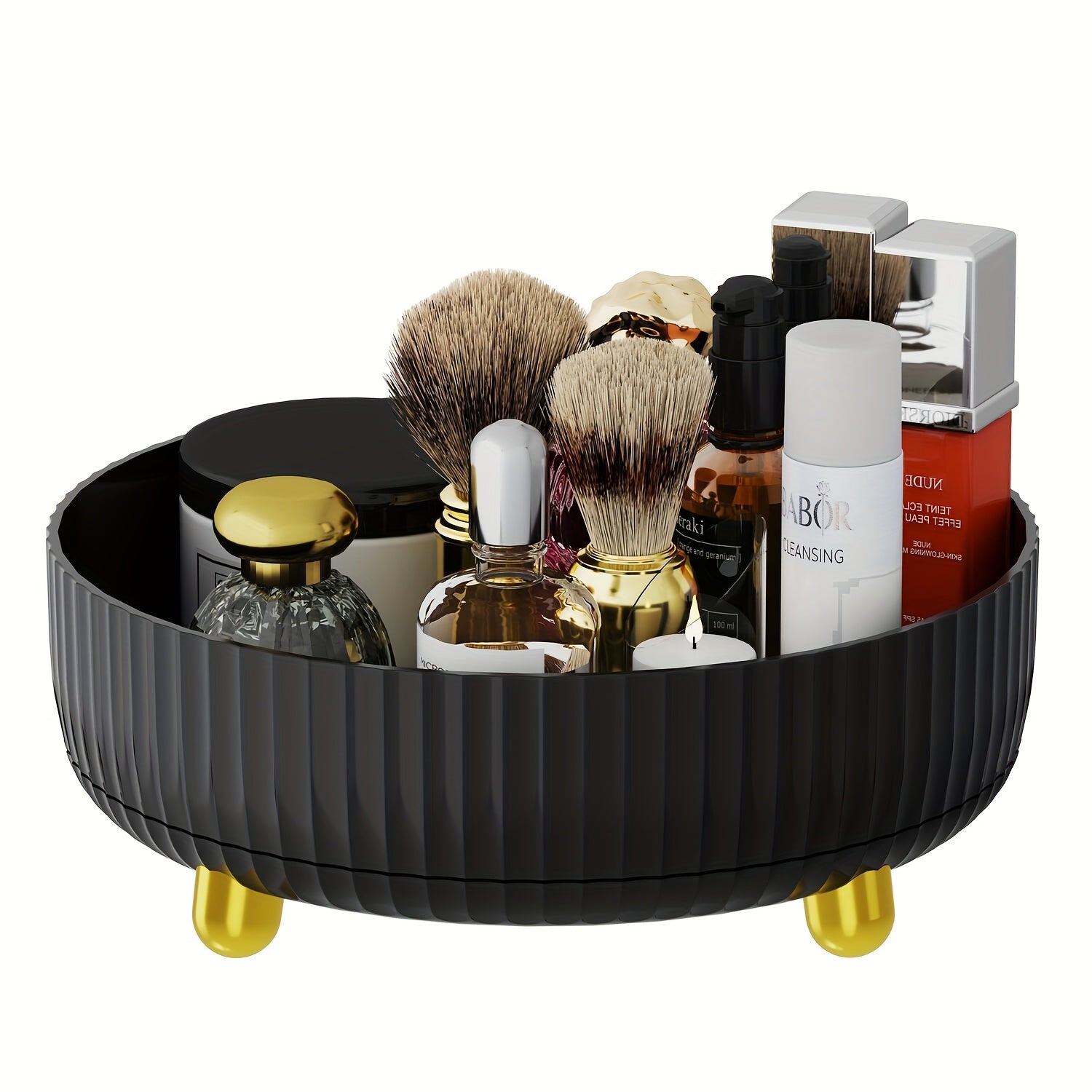 [360 Rotating Vanity Tray] 1pc Large Capacity 360-Degree Rotating Makeup And Perfume Organizer - Sleek Vanity Storage Tray with Golden Accents, Ribbed Edge Design for Stability, No Assembly Required, Vanity Tray