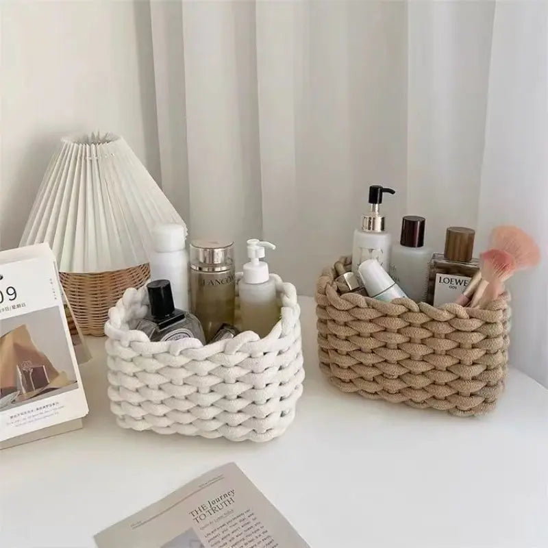 1/2 Counts Woven Decorative Storage Basket, Stackable Rope Cosmetics Storage Bin, Rope Baskets for Storage, Baskets for Organizing, Desk Organizer for Snacks, Perfume and Home Decor in Bedroom, Living Room, Vanity or Bathroom, Rope Basket #GLOBAL PICKS