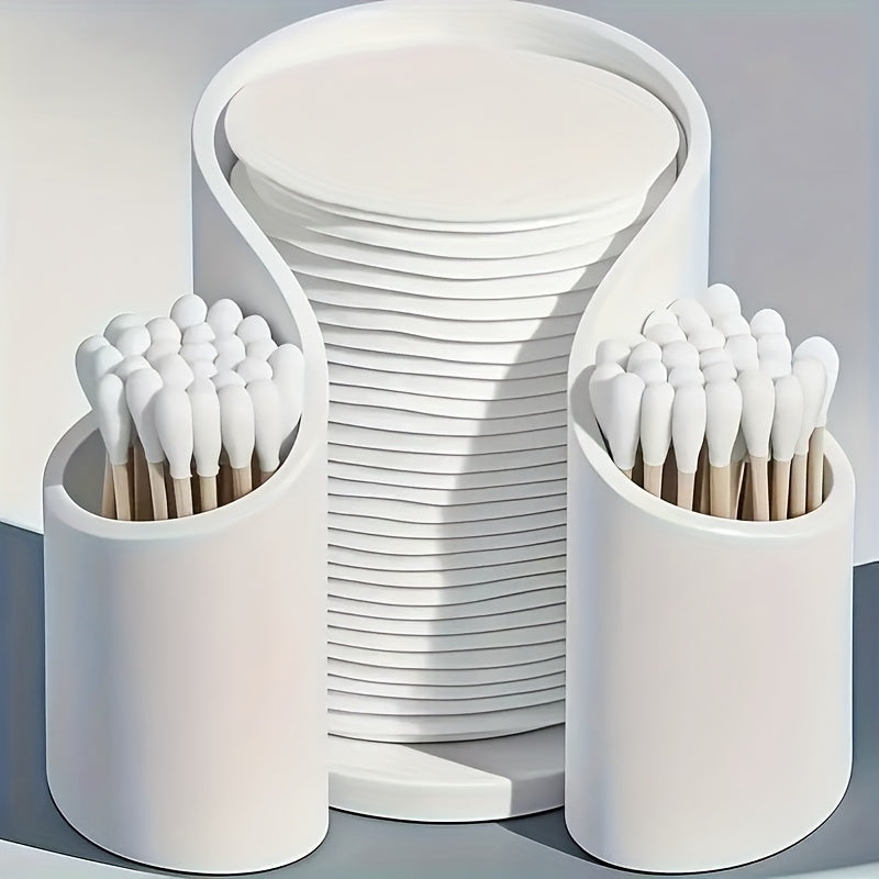 Plastic Dual-Well Makeup & Swab/ Pad Organizer - Compact Round Cosmetic Storage Box with Smooth Surface, Space-Saving Vanity Case for Bathroom Countertop, Desk - Minimalist Cosmetic Holder (No Included)