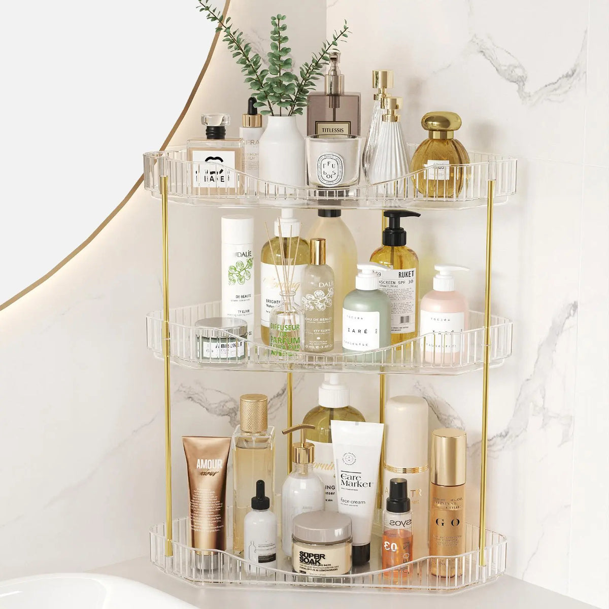Lifewit 2/3-Tier Adjustable Metal Bathroom Countertop Makeup Organizer - Large Capacity Storage Boxes & Bins with Perfume Tray, Cosmetic Skincare Shelf, Easy Installation, Vanity Organization, Diamond Room Decor Corner Stand for Bedroom Dresser