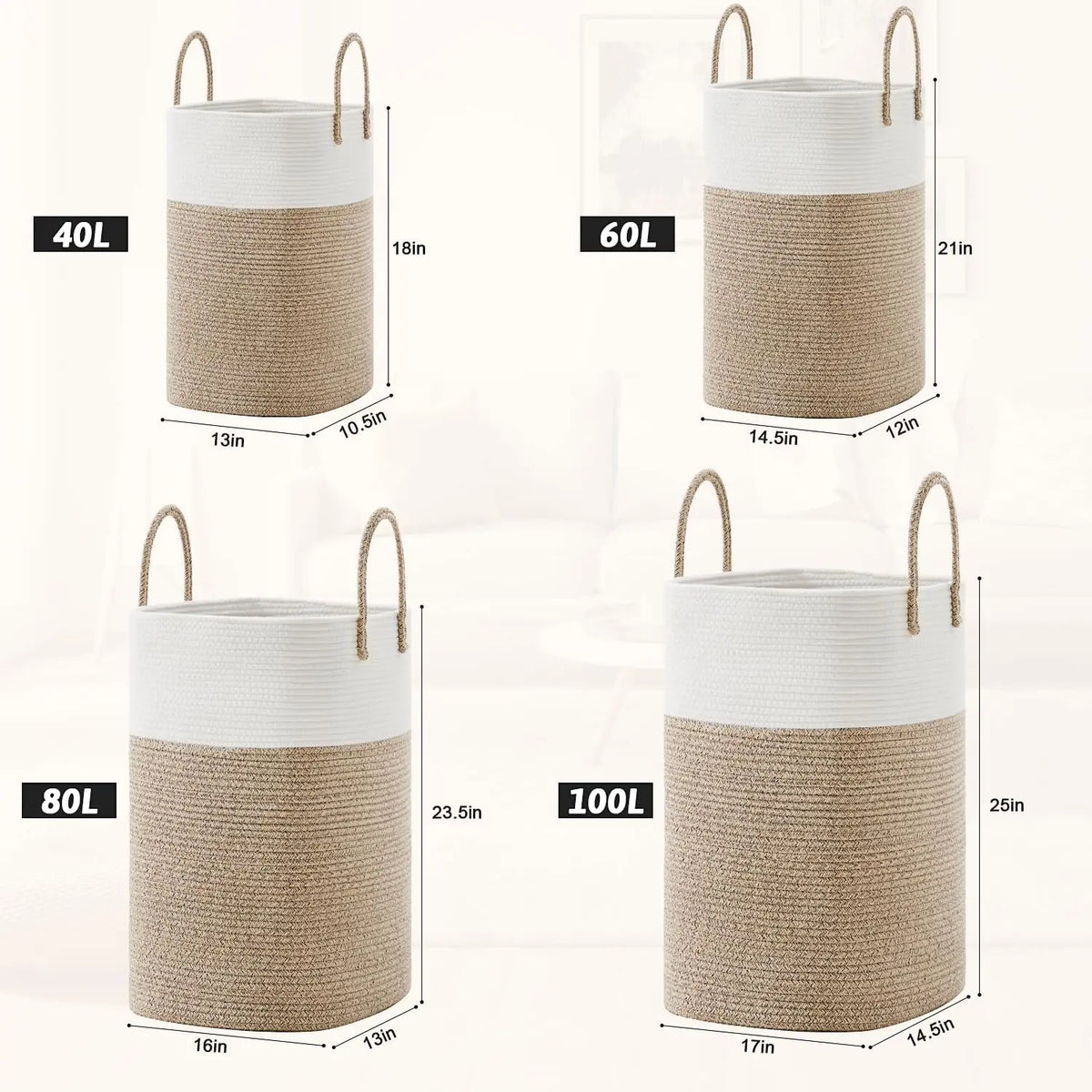 Round Eco-Friendly Classic Woven Cotton Rope Collapsible Laundry Hamper - 40-100L Laundry Basket, House Organizer, Home Supplies Storage Basket with Room Decor Functionality for Baby Toys, Bathroom, Laundry Baskets,dorm essentials,home decor