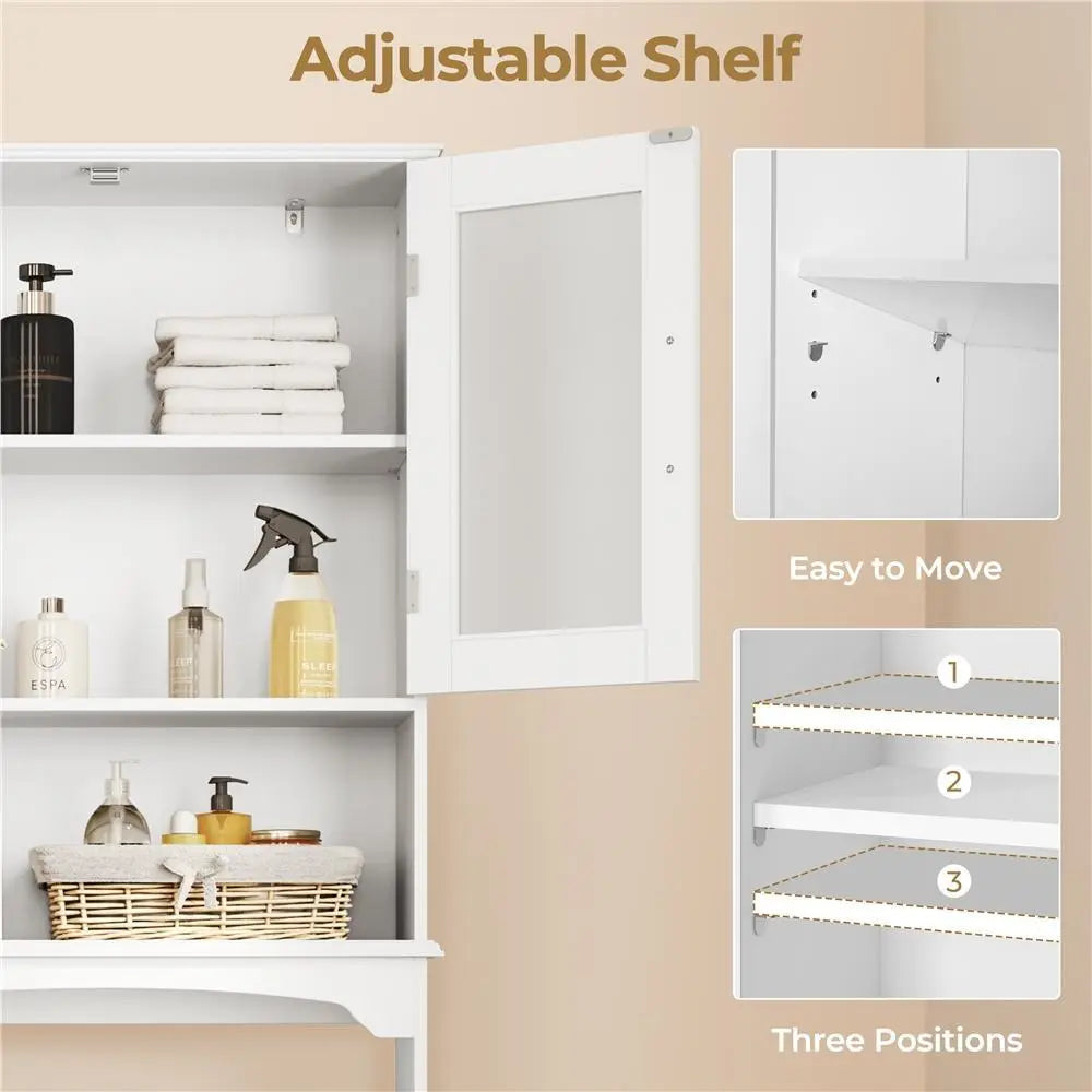 Costoffs Modern Over-The-Toilet Storage Cabinet, Space-Saving Indoor Bathroom Cupboard with Adjustable Shelf, Tempered Glass Doors, Open Shelf, White Unit for Bathroom Organizers,dorm essentials,home decor